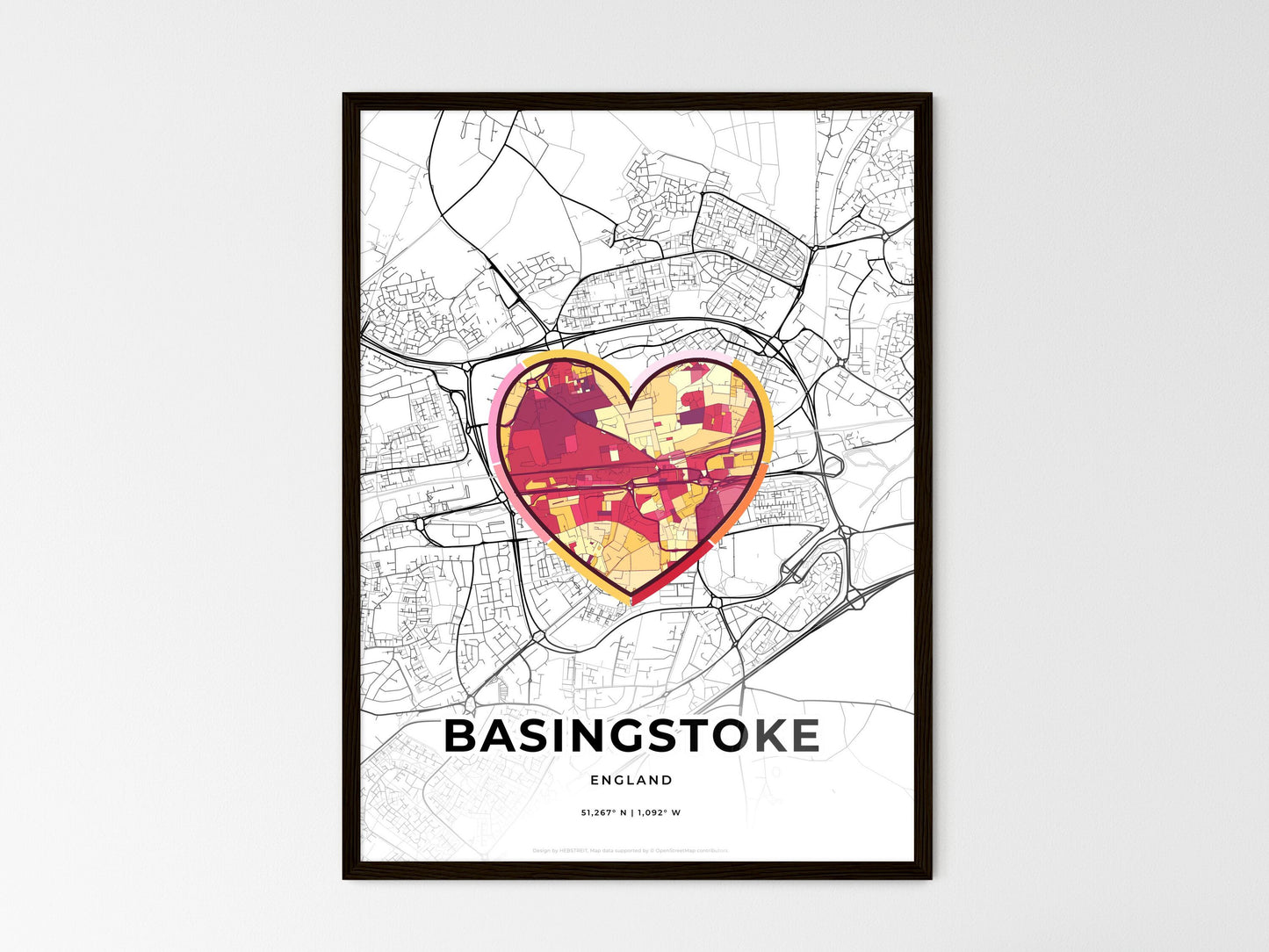 Basingstoke England wedding art map with heart icon