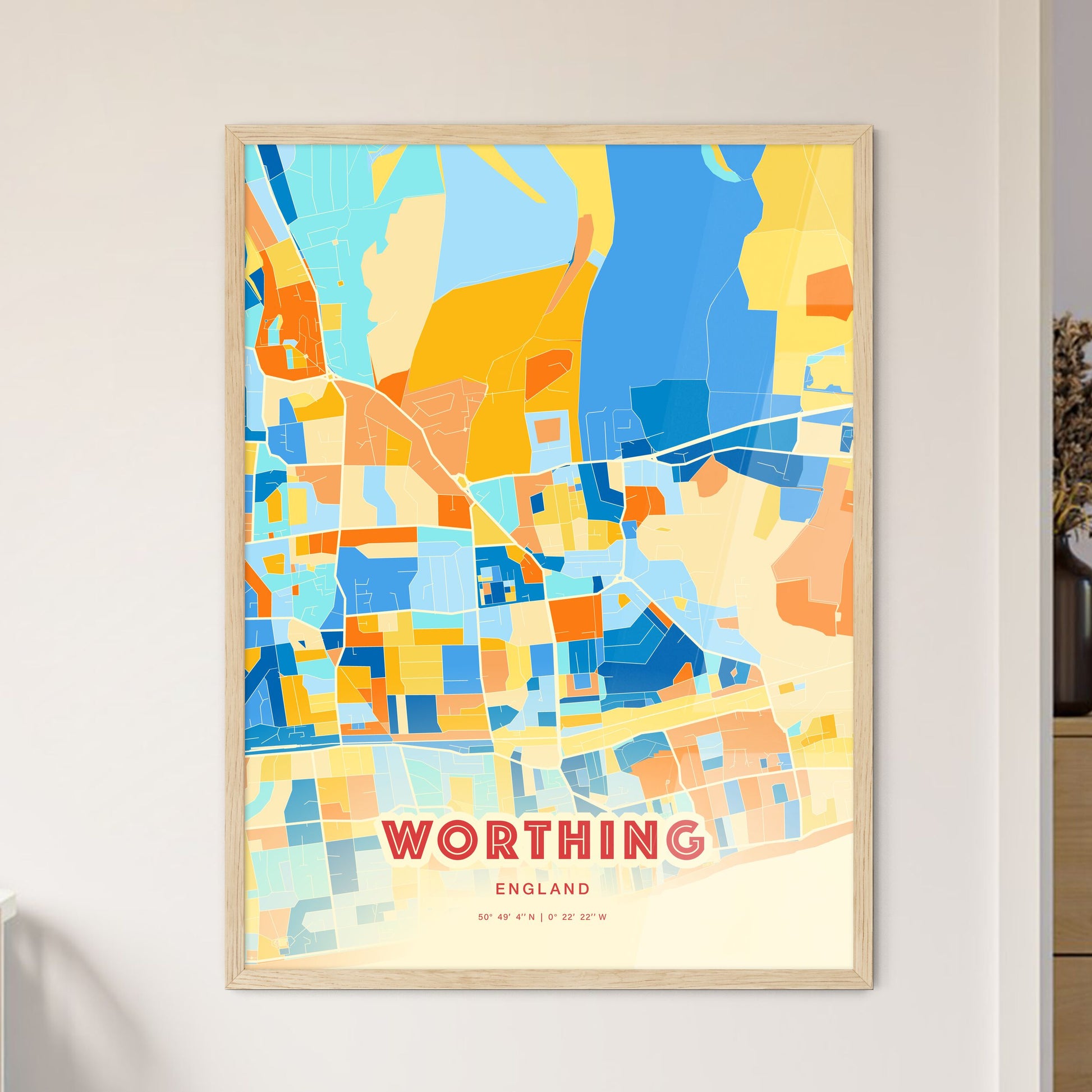 Colorful WORTHING ENGLAND Fine Art Map Blue Orange