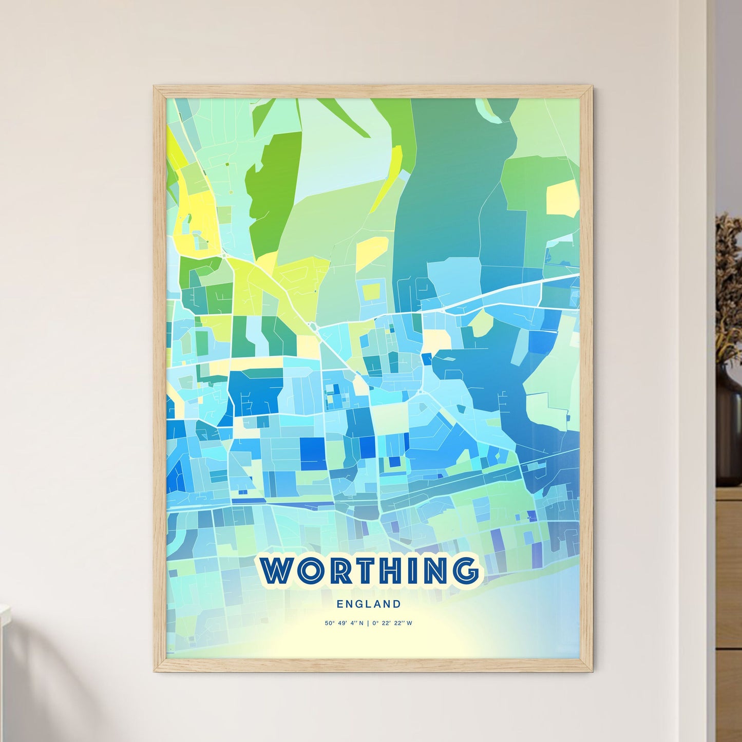 Colorful WORTHING ENGLAND Fine Art Map Cool Blue