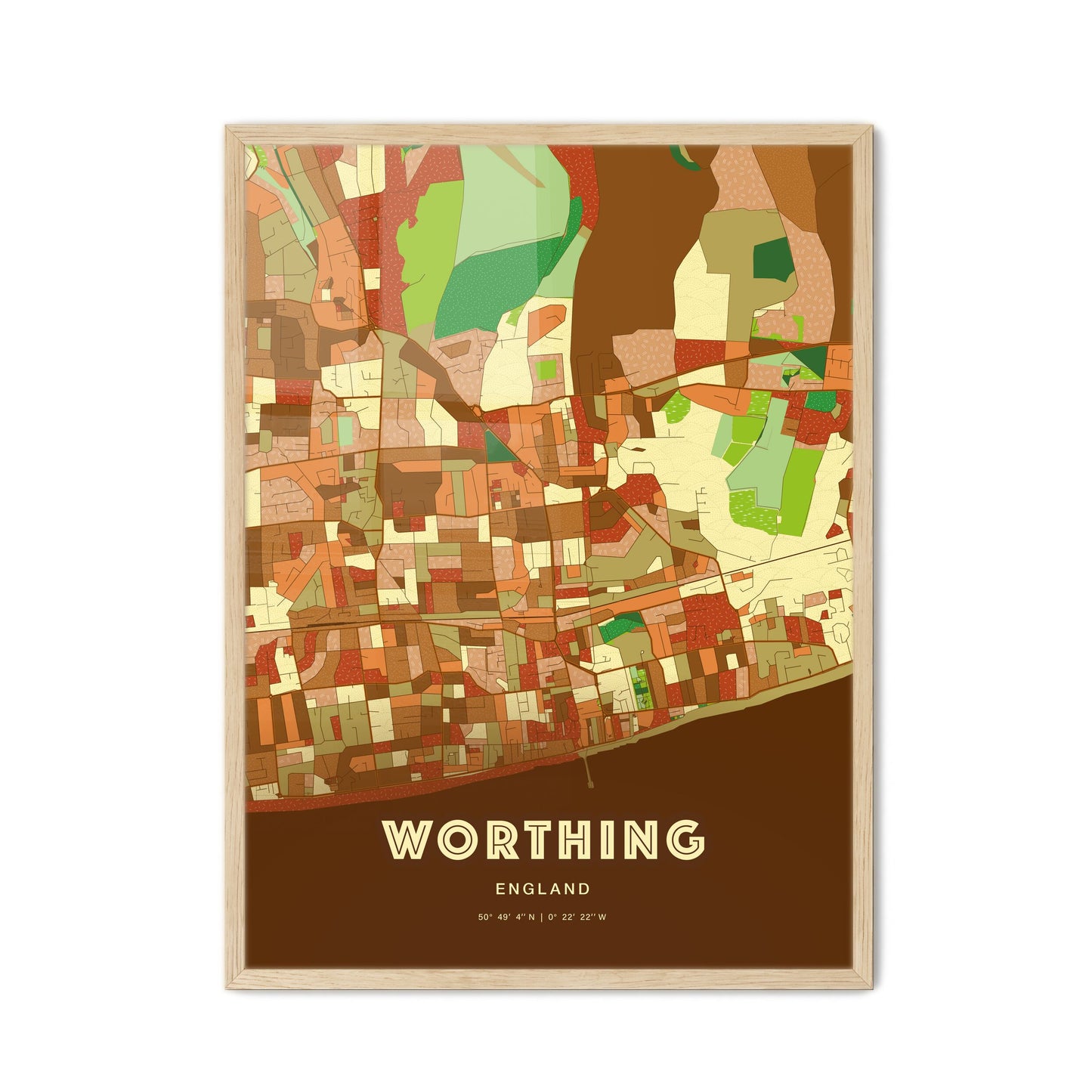 Colorful WORTHING ENGLAND Fine Art Map Farmhouse