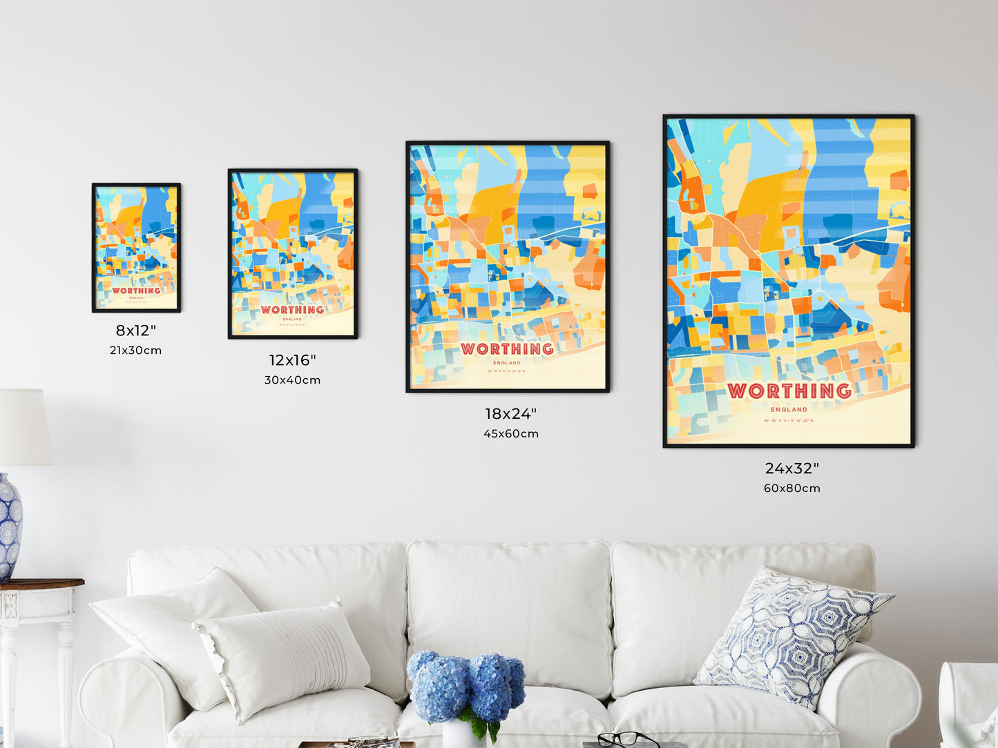 Colorful WORTHING ENGLAND Fine Art Map Blue Orange