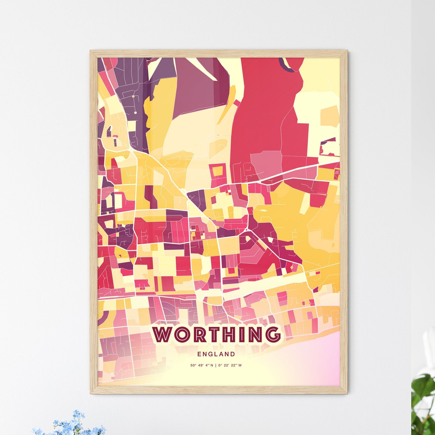 Colorful WORTHING ENGLAND Fine Art Map Hot Red