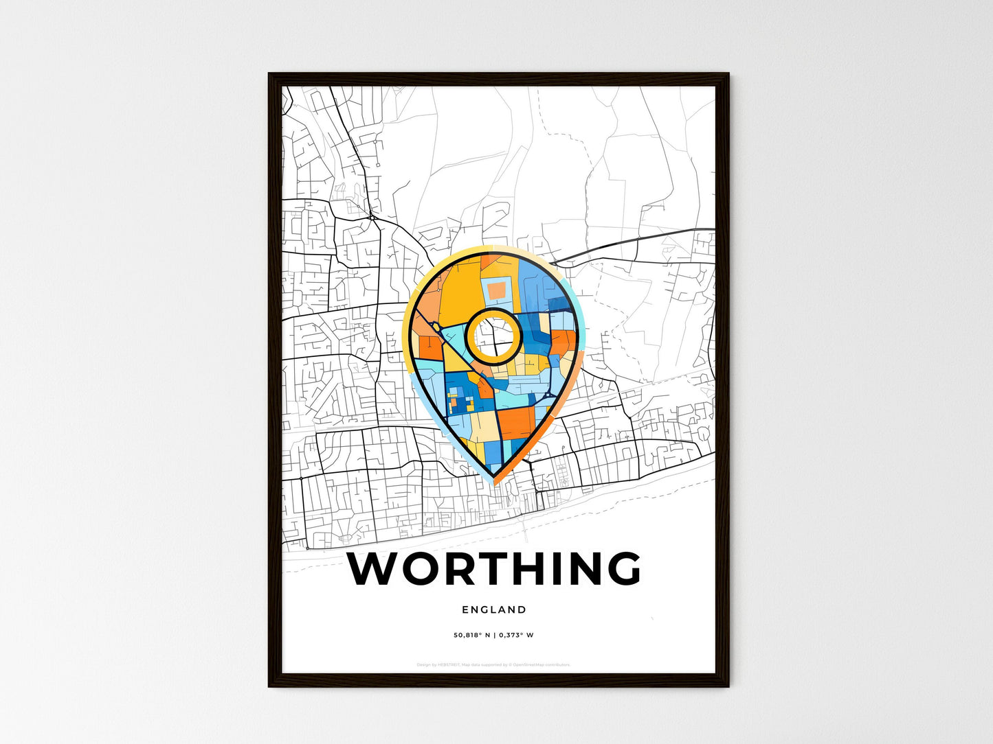 Worthing England wedding art map with pointer icon