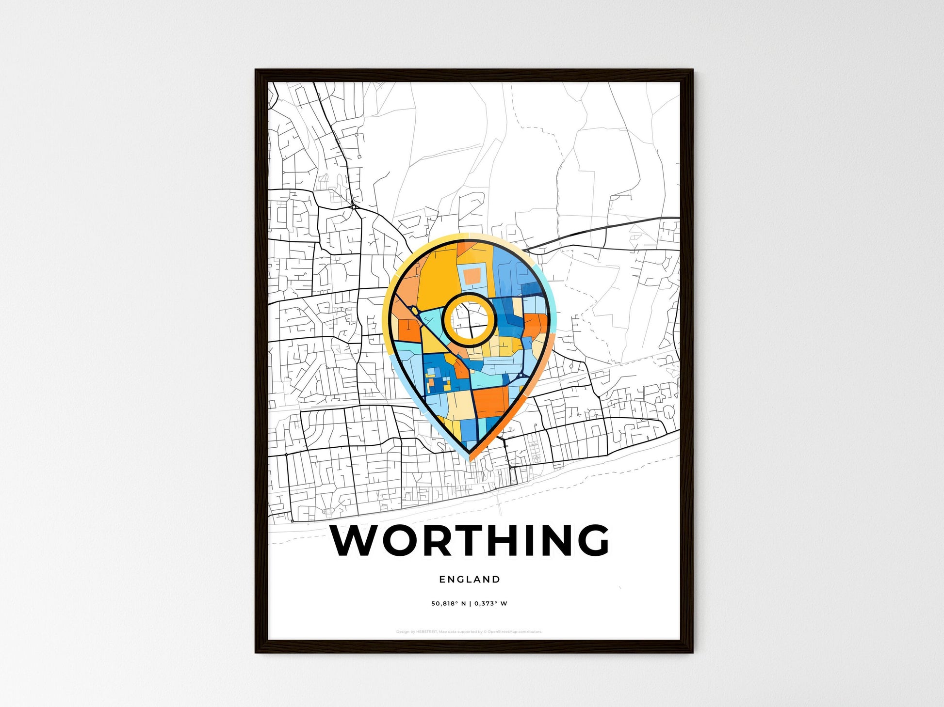Worthing England wedding art map with pointer icon