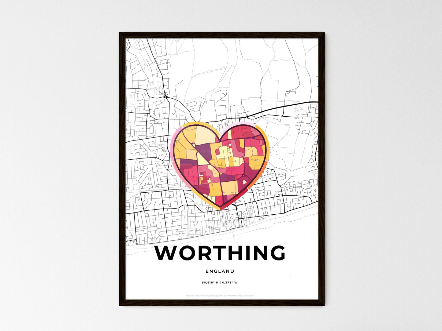 Worthing England wedding art map with heart icon