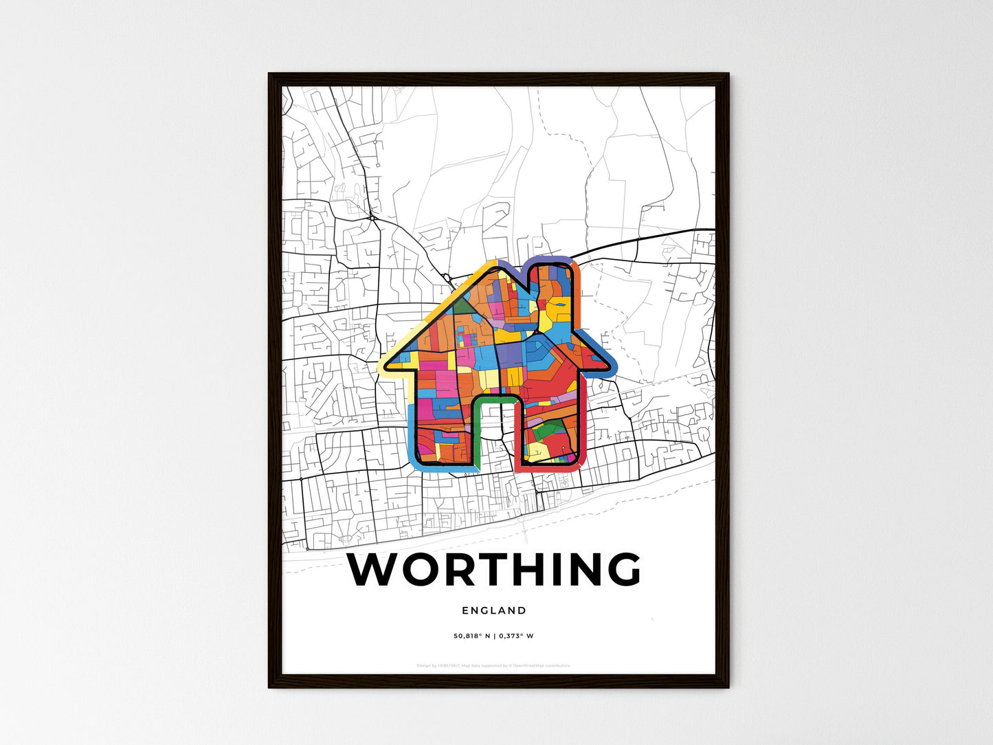 Worthing England wedding art map with home icon
