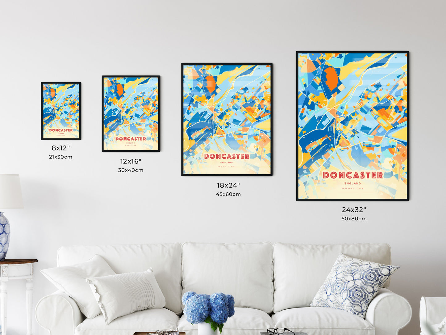 Colorful DONCASTER ENGLAND Fine Art Map Blue Orange