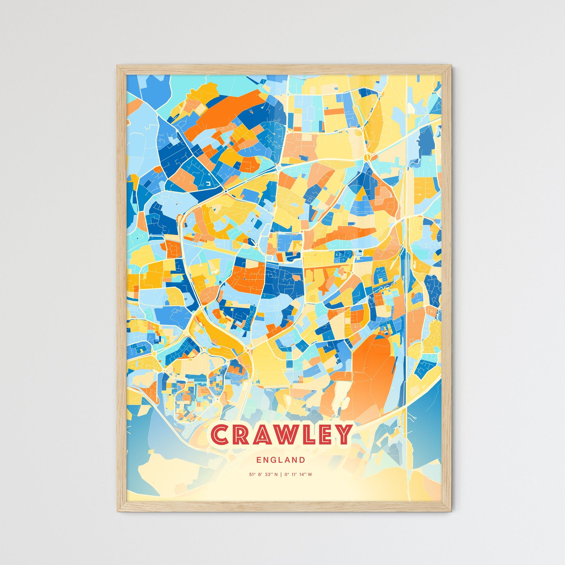 Colorful Crawley England Fine Art Map Blue Orange