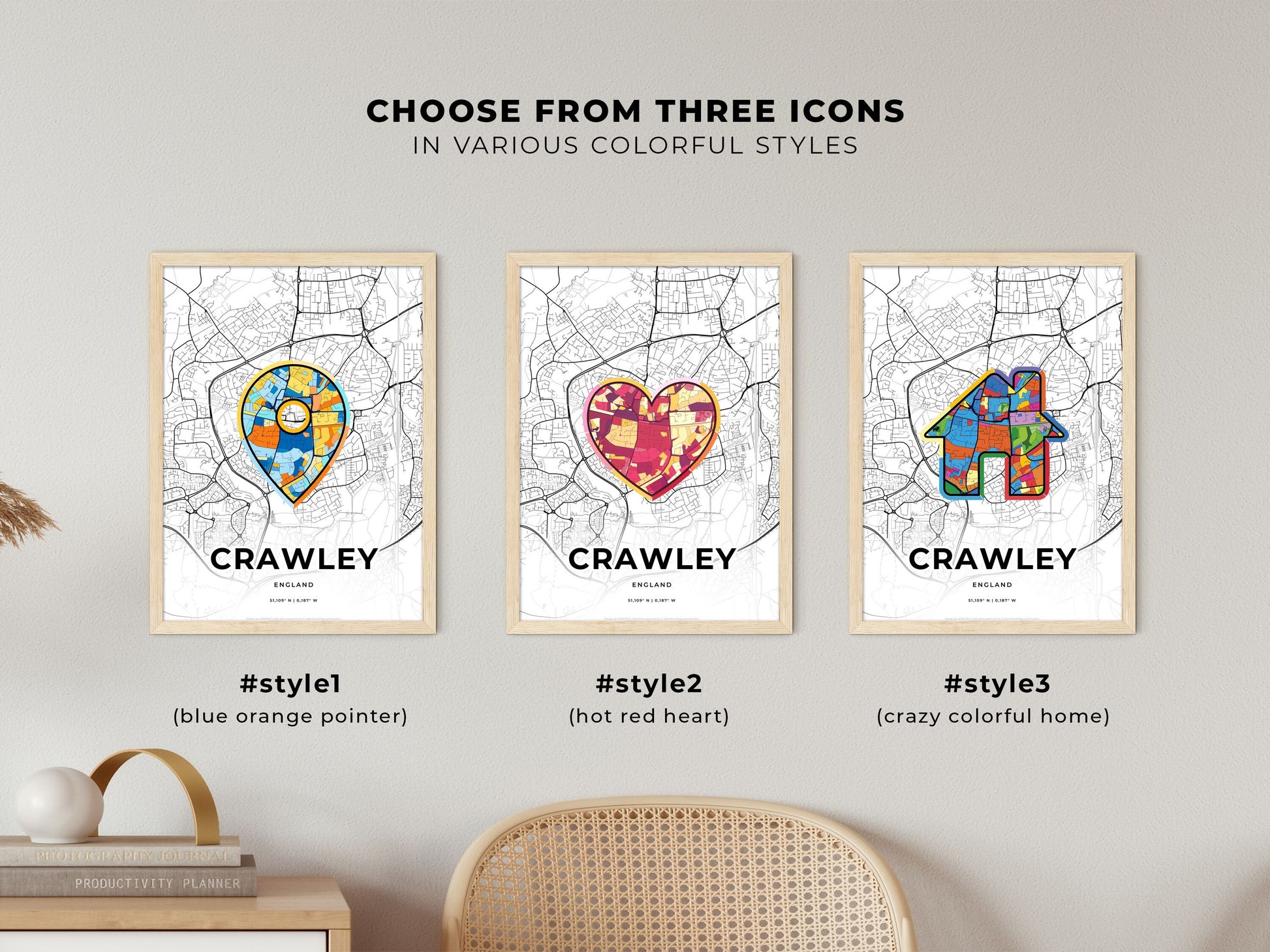 Crawley England maps with colorful icons