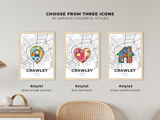 Crawley England maps with colorful icons