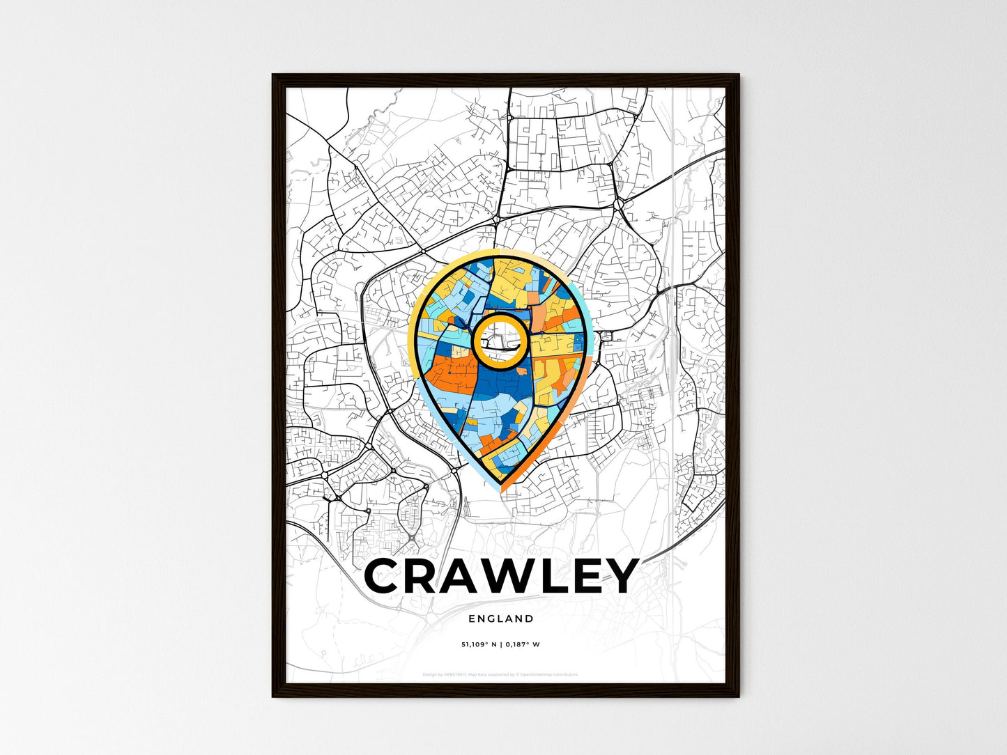 Crawley England wedding art map with pointer icon