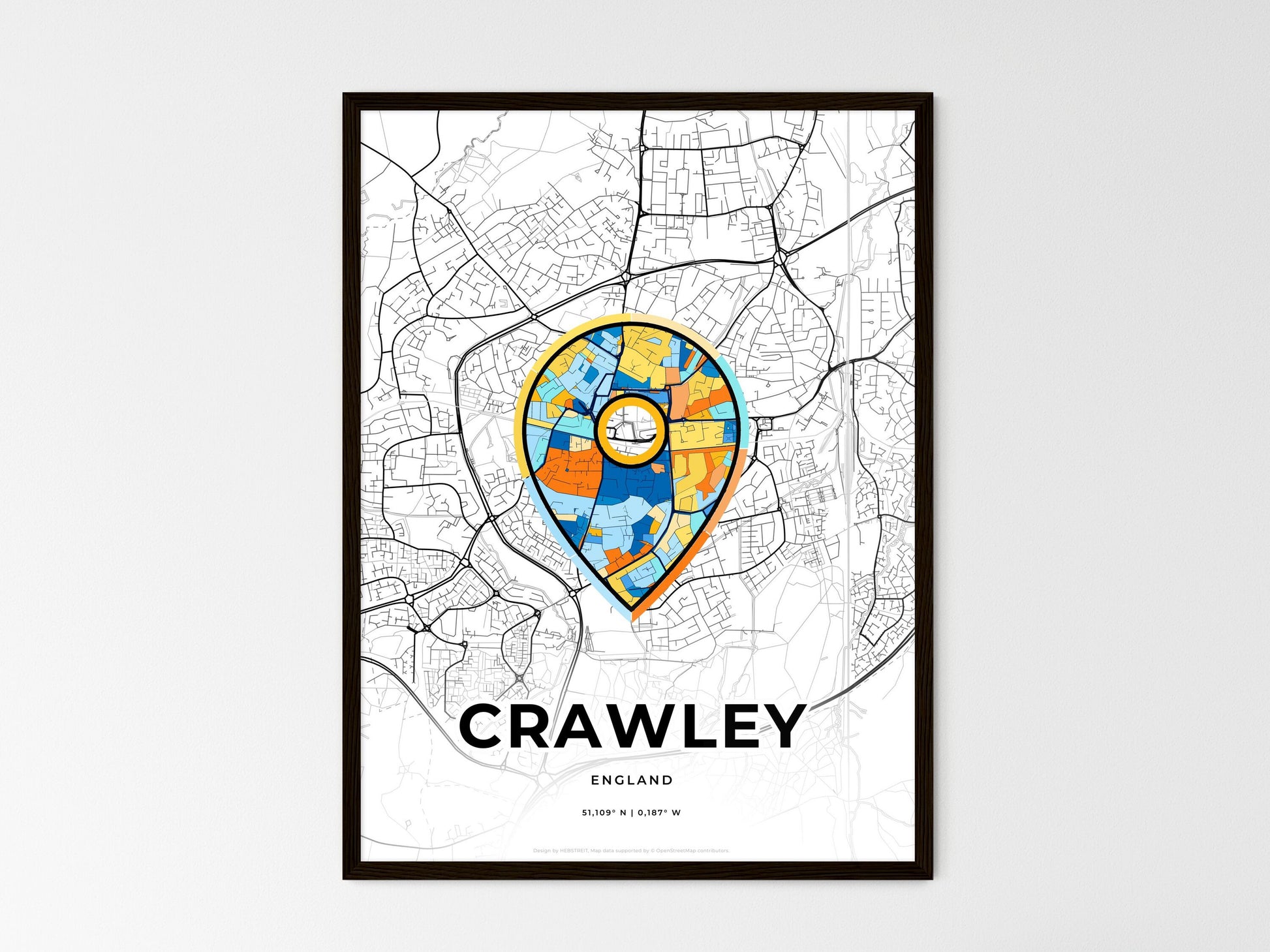 Crawley England wedding art map with pointer icon