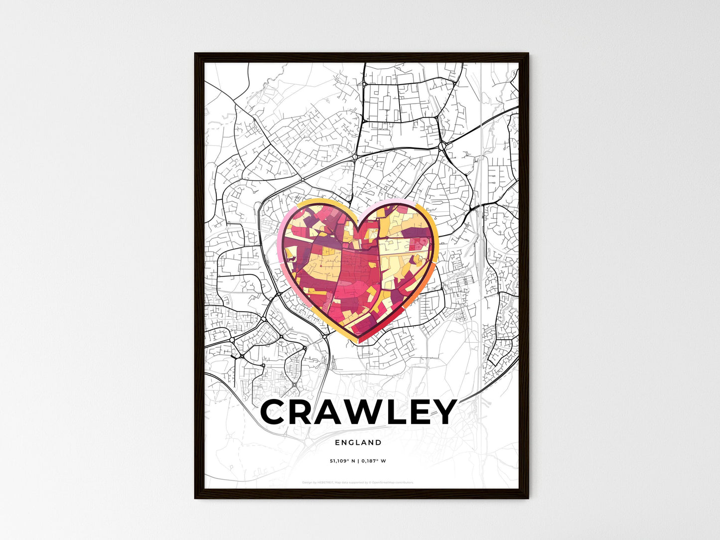 Crawley England wedding art map with heart icon