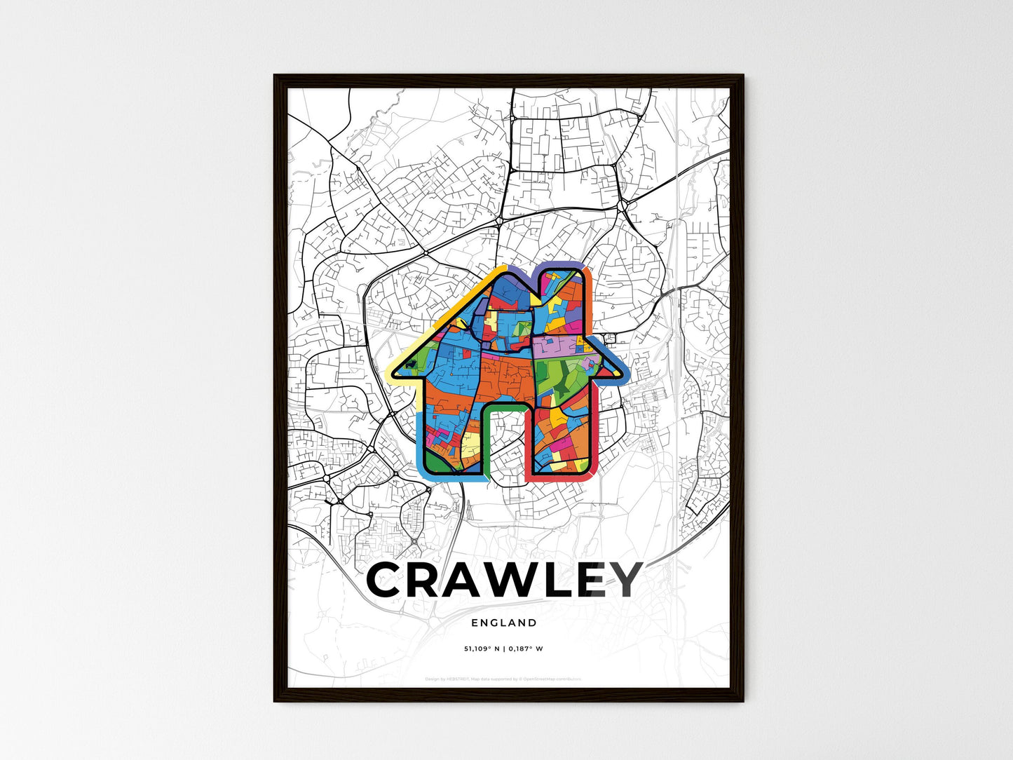 Crawley England wedding art map with home icon