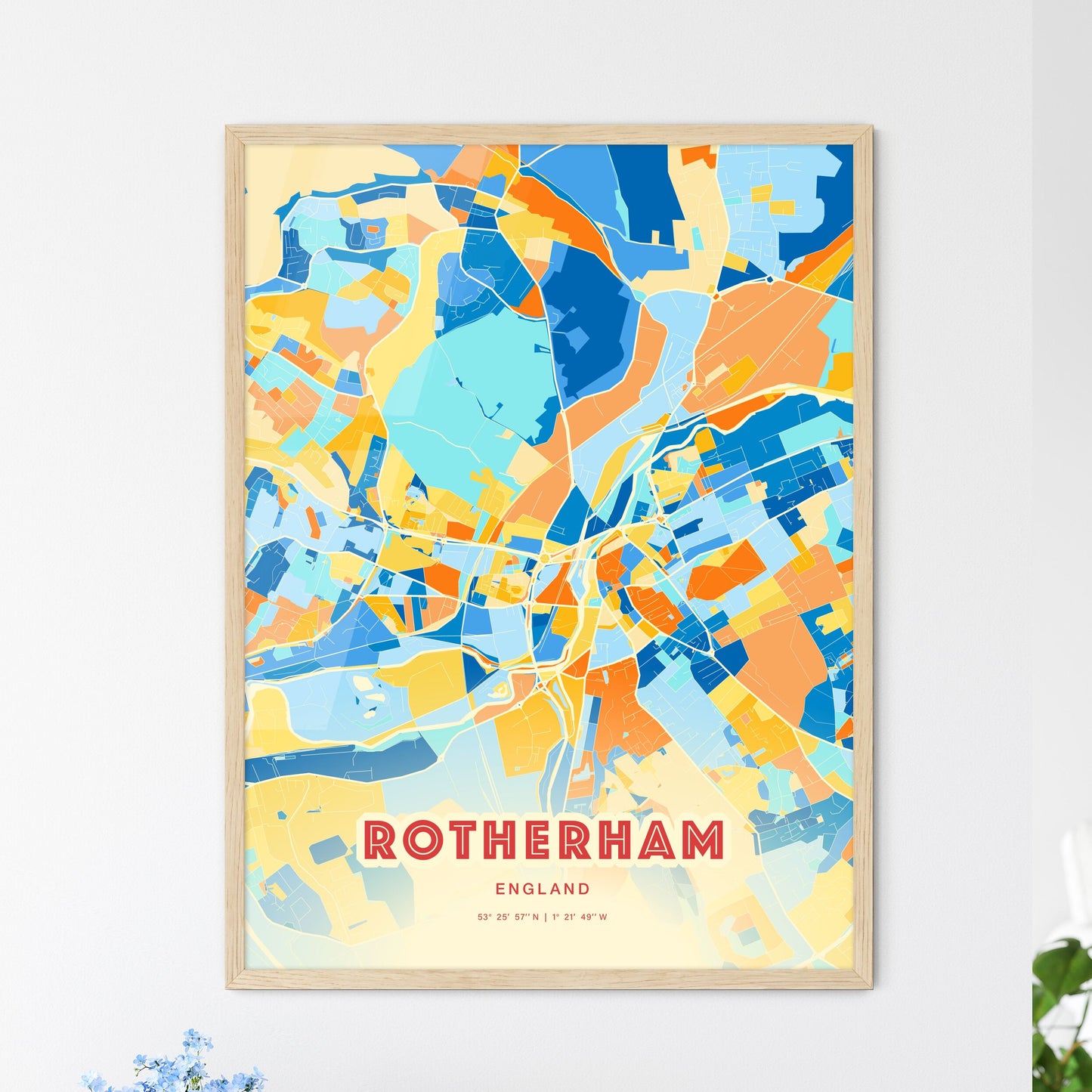Colorful Rotherham England Fine Art Map Blue Orange