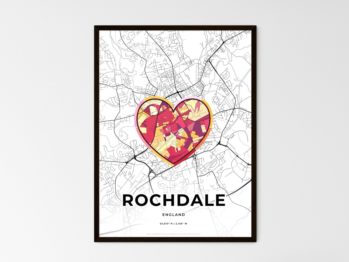 Rochdale England wedding art map with heart icon