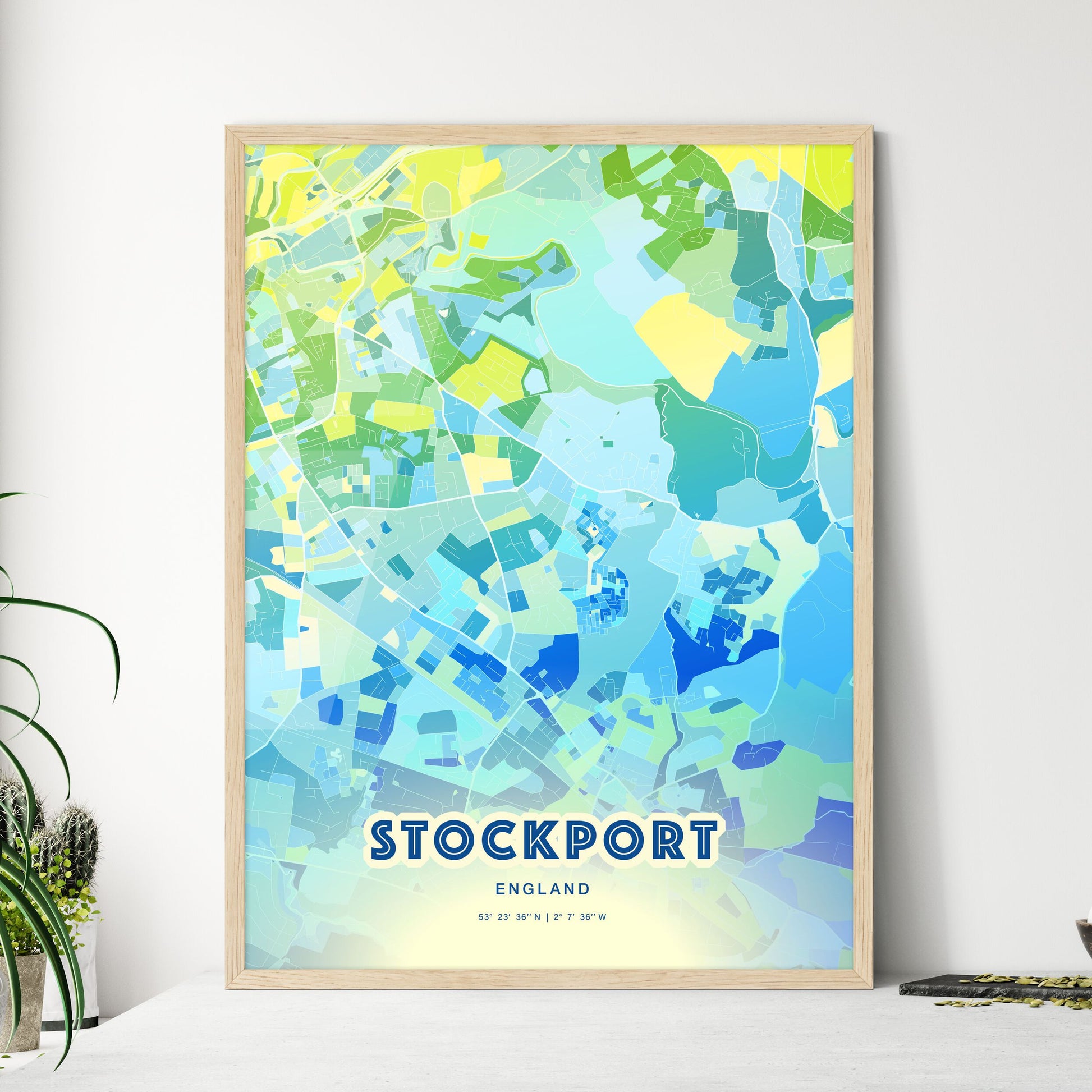 Colorful STOCKPORT ENGLAND Fine Art Map Cool Blue