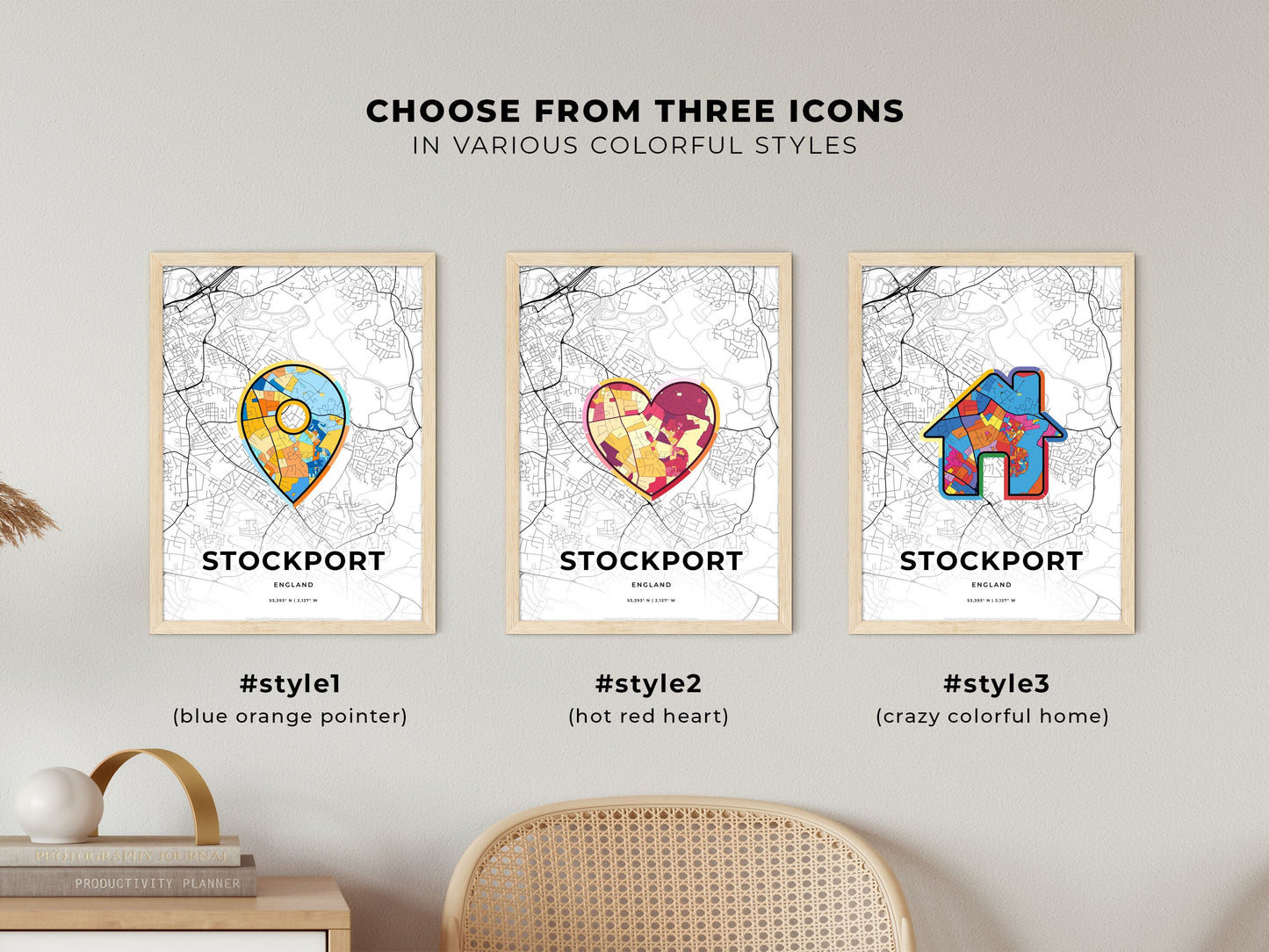 Stockport England maps with colorful icons
