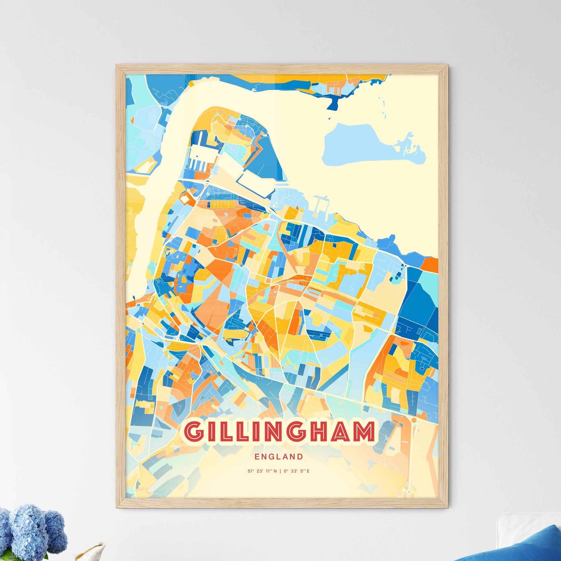 Colorful Gillingham England Fine Art Map Blue Orange