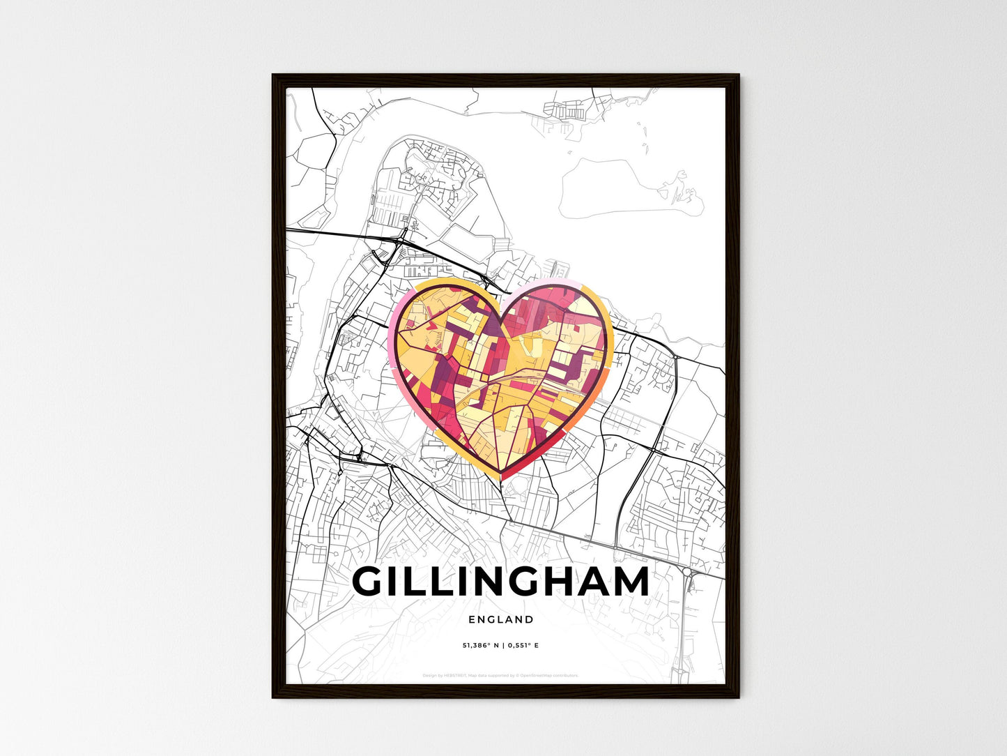 Gillingham England wedding art map with heart icon