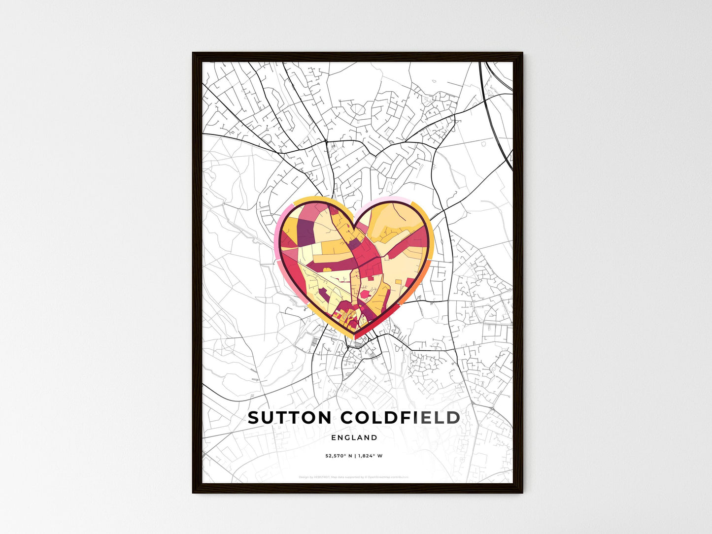 Sutton Coldfield England wedding art map with heart icon