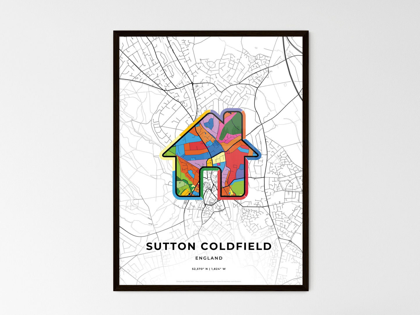 Sutton Coldfield England wedding art map with home icon