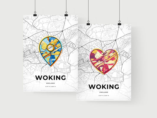 WOKING ENGLAND minimal art map with a colorful icon. Where it all began, Couple map gift.