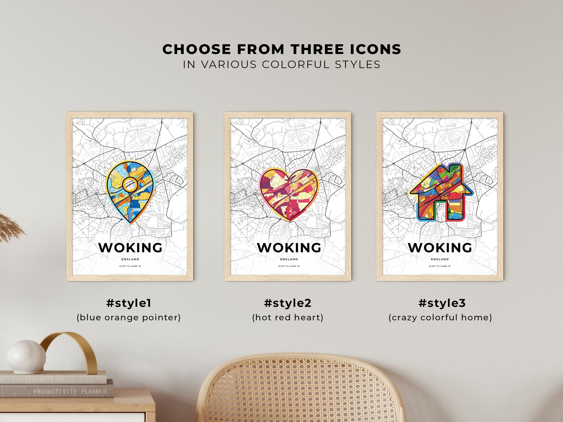 Woking England maps with colorful icons