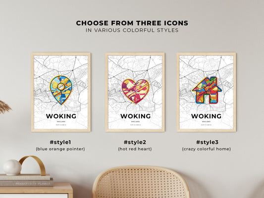 Woking England maps with colorful icons
