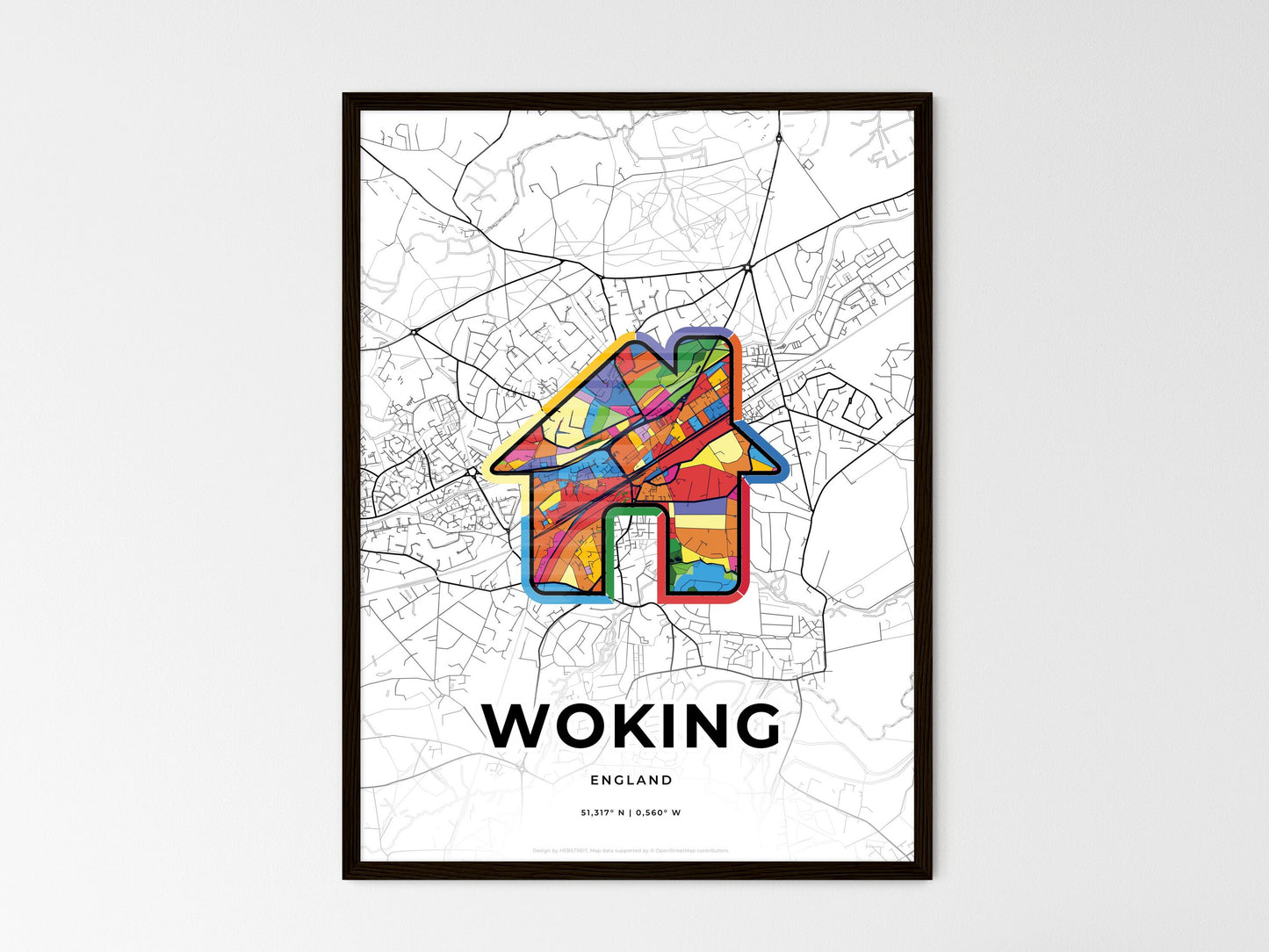 Woking England wedding art map with home icon