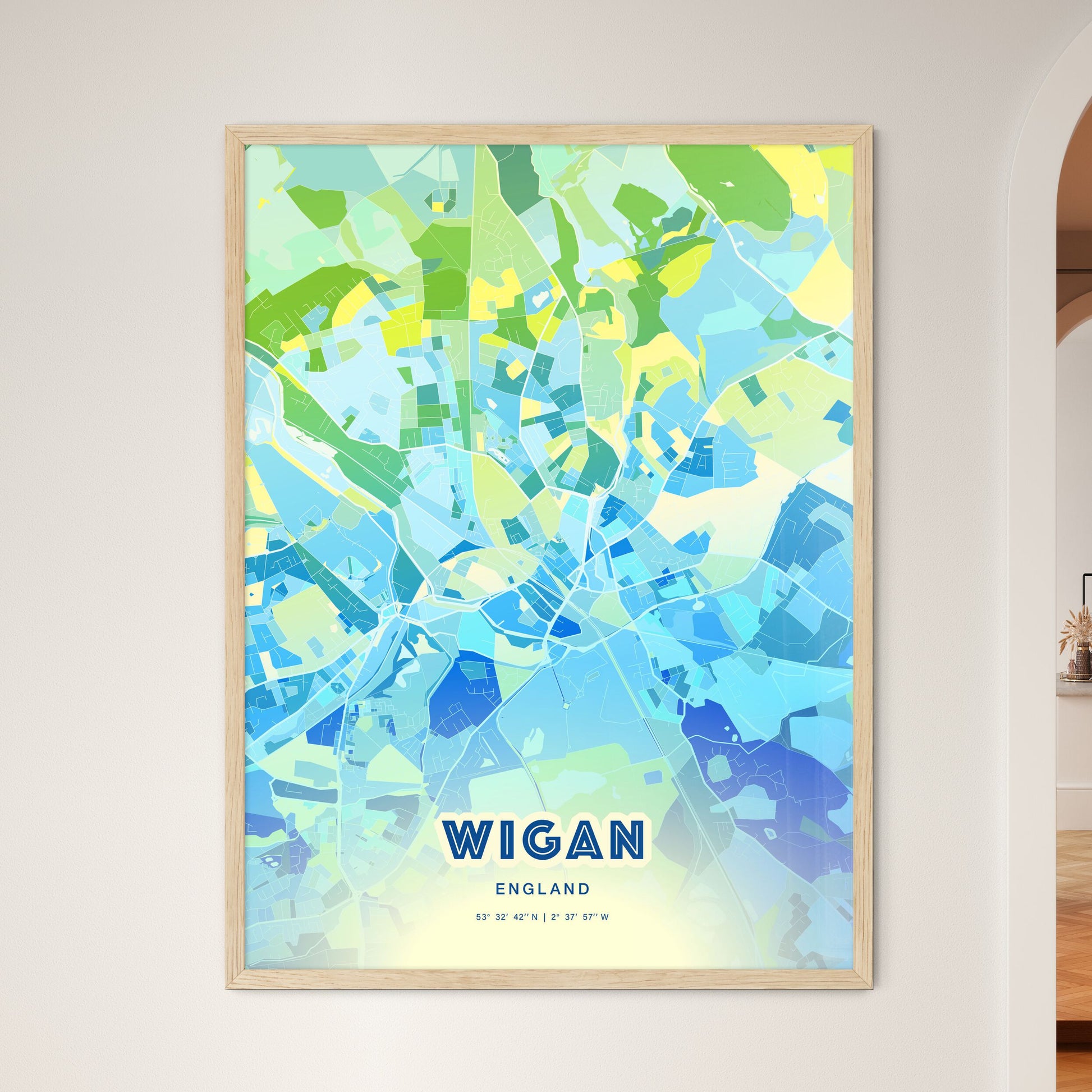 Colorful WIGAN ENGLAND Fine Art Map Cool Blue