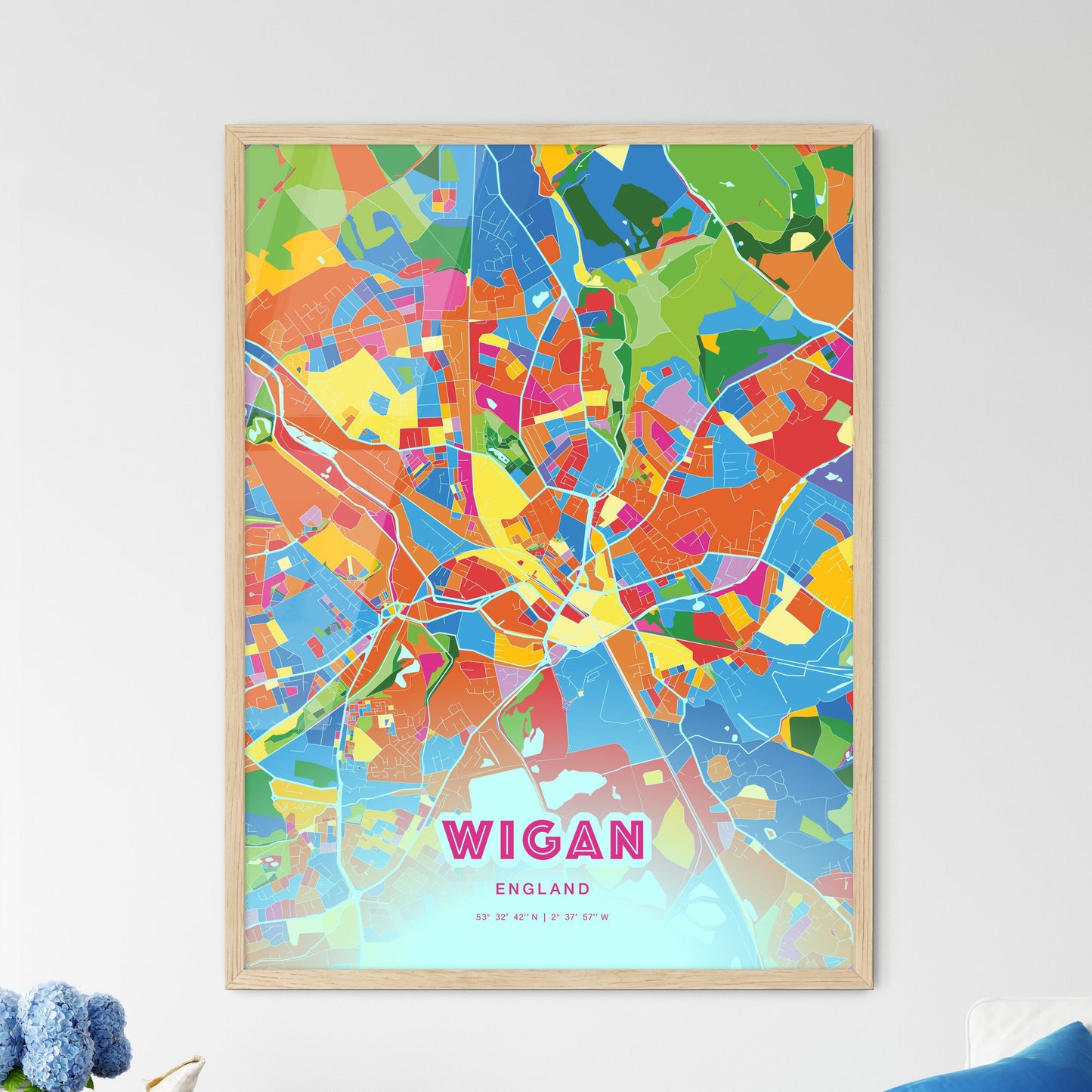 Colorful WIGAN ENGLAND Fine Art Map Crazy Colors