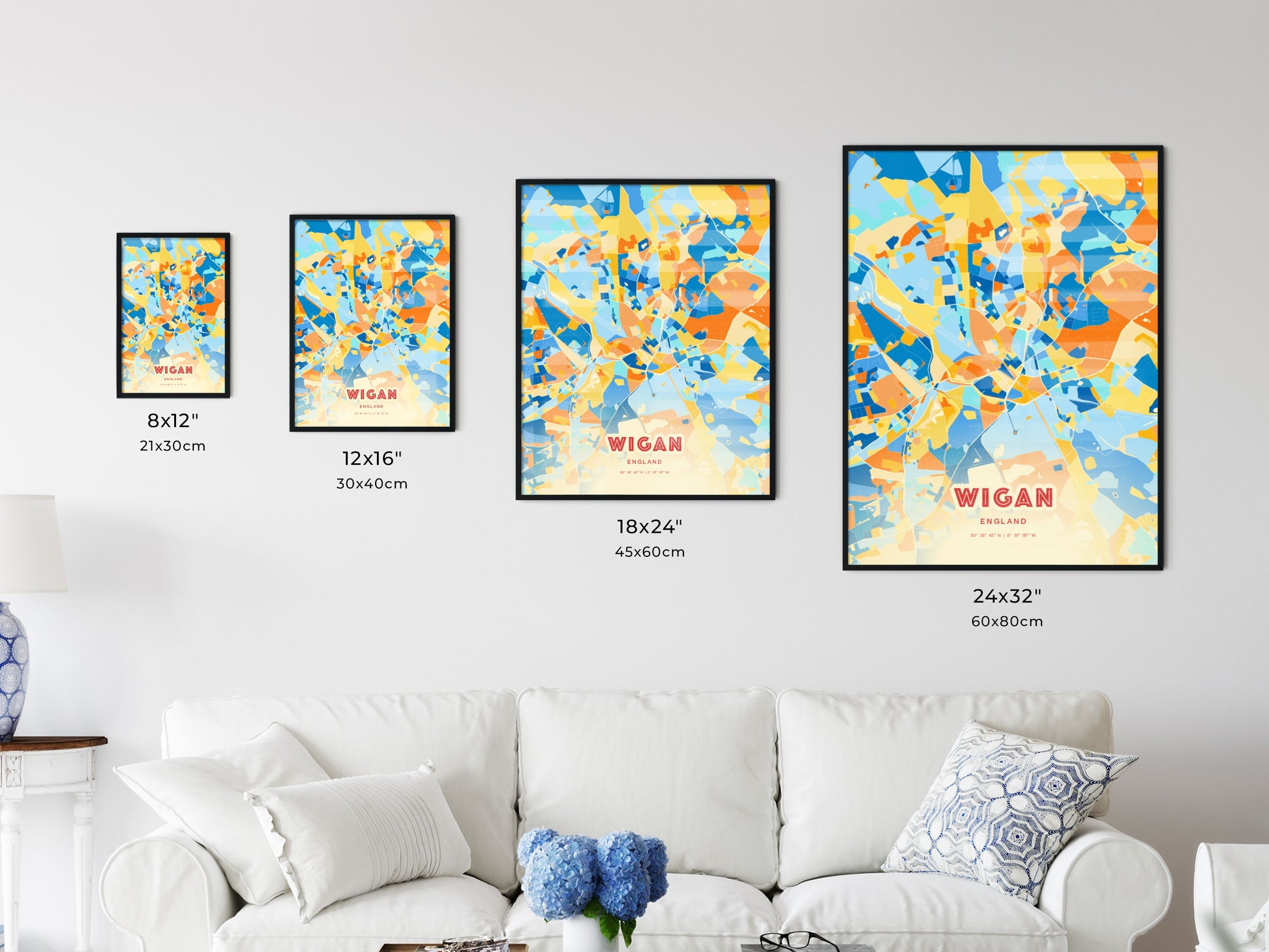 Colorful WIGAN ENGLAND Fine Art Map Blue Orange