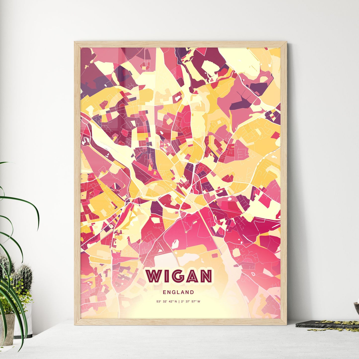 Colorful WIGAN ENGLAND Fine Art Map Hot Red