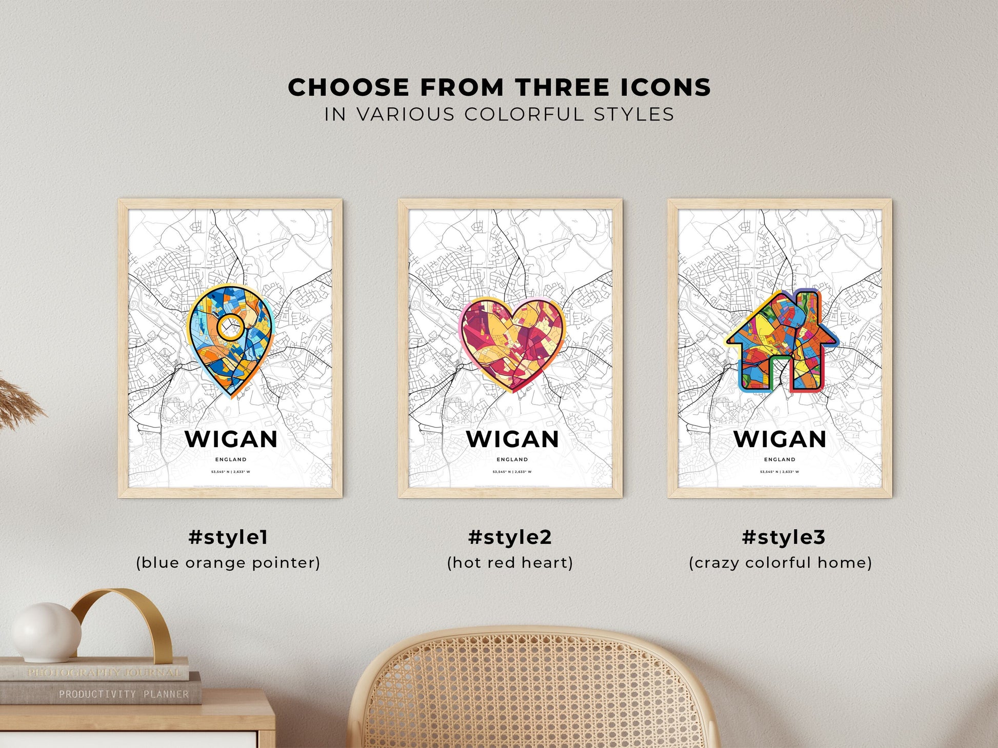 Wigan England maps with colorful icons