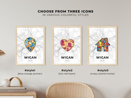 Wigan England maps with colorful icons
