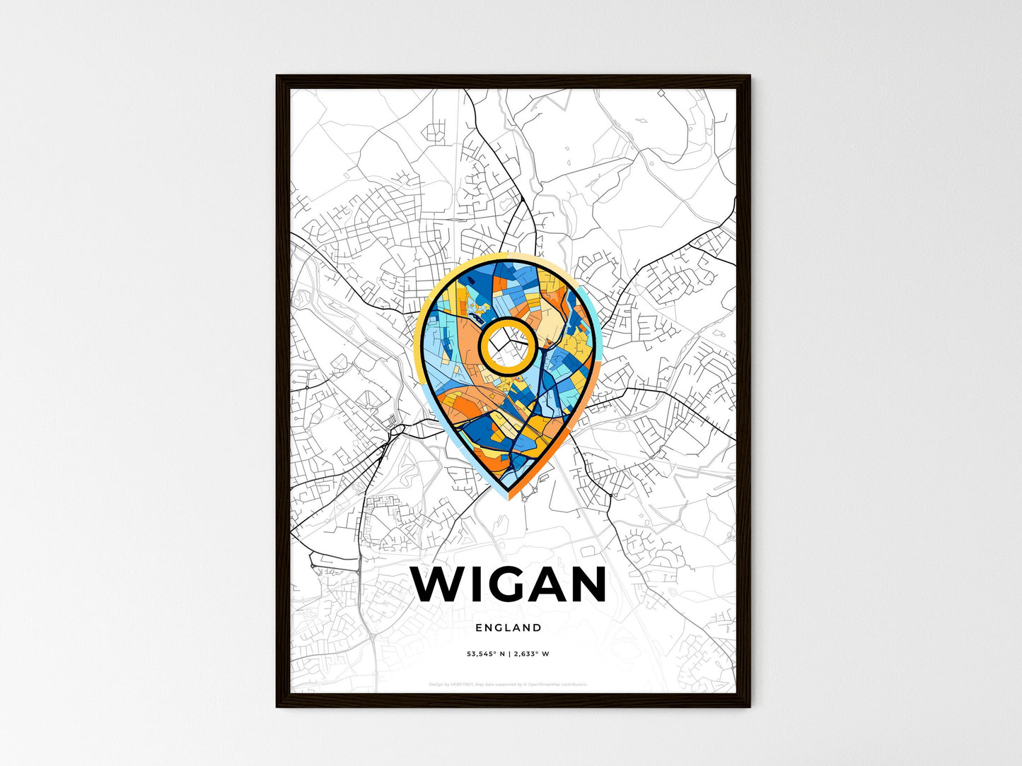 Wigan England wedding art map with pointer icon