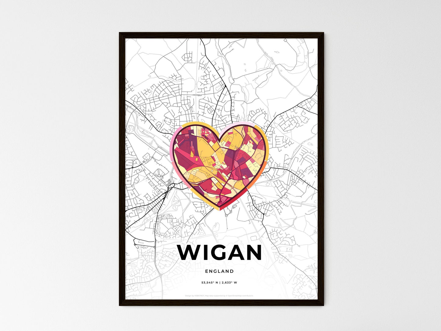 Wigan England wedding art map with heart icon