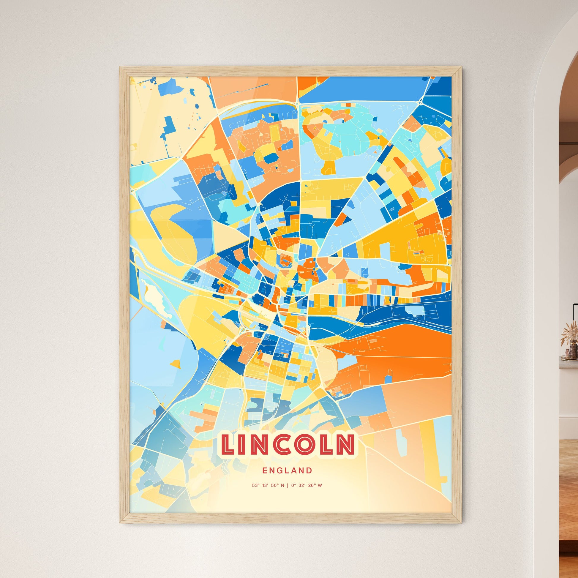 Colorful Lincoln England Fine Art Map Blue Orange