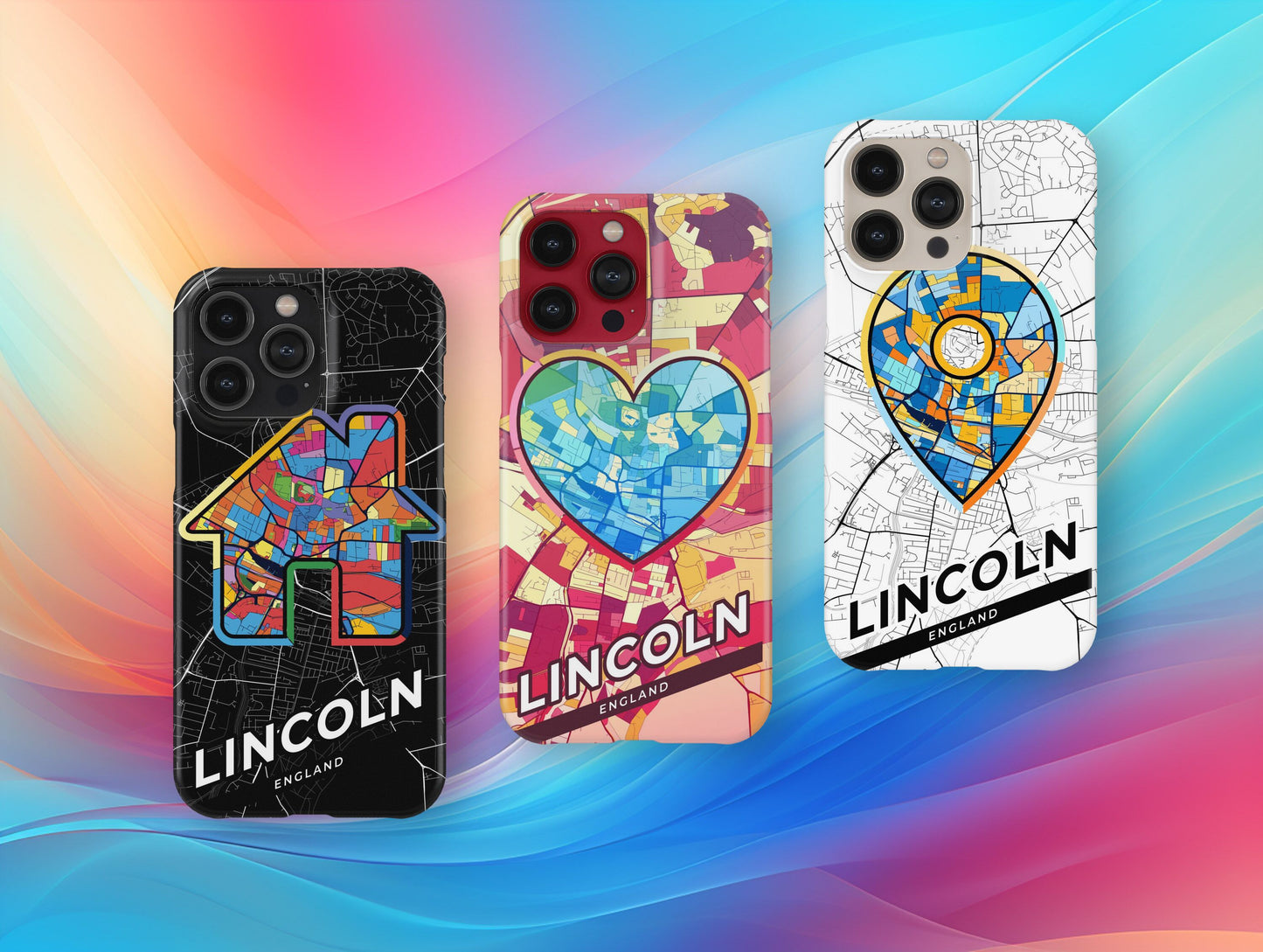 Lincoln England slim phone case with colorful icon. Birthday, wedding or housewarming gift. Couple match cases.