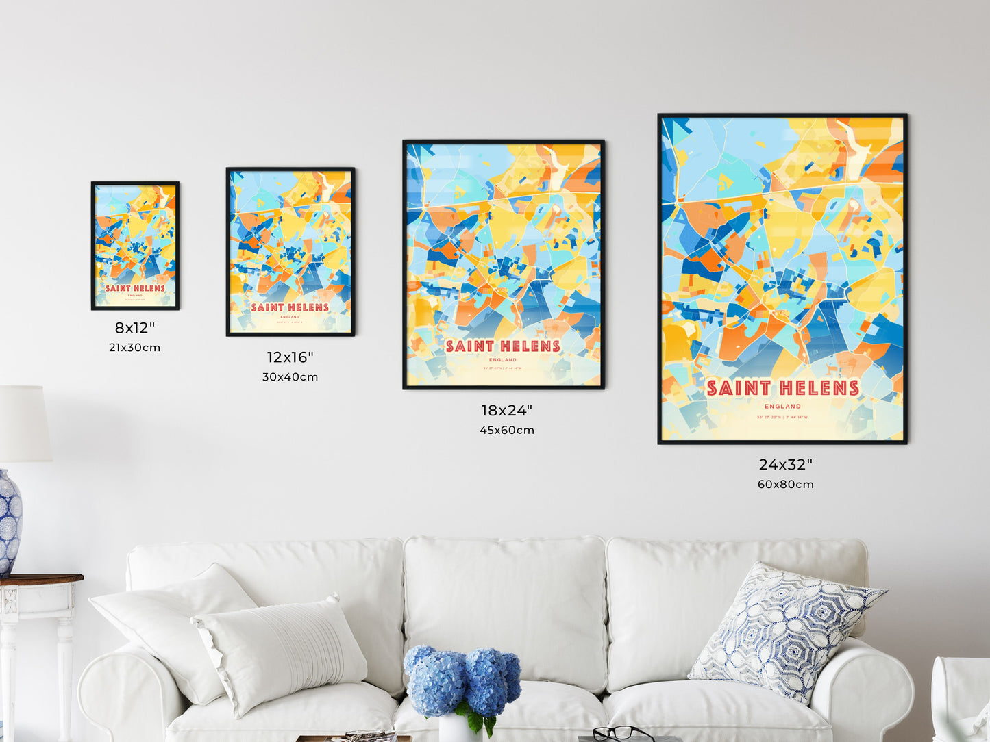 Colorful SAINT HELENS ENGLAND Fine Art Map Blue Orange