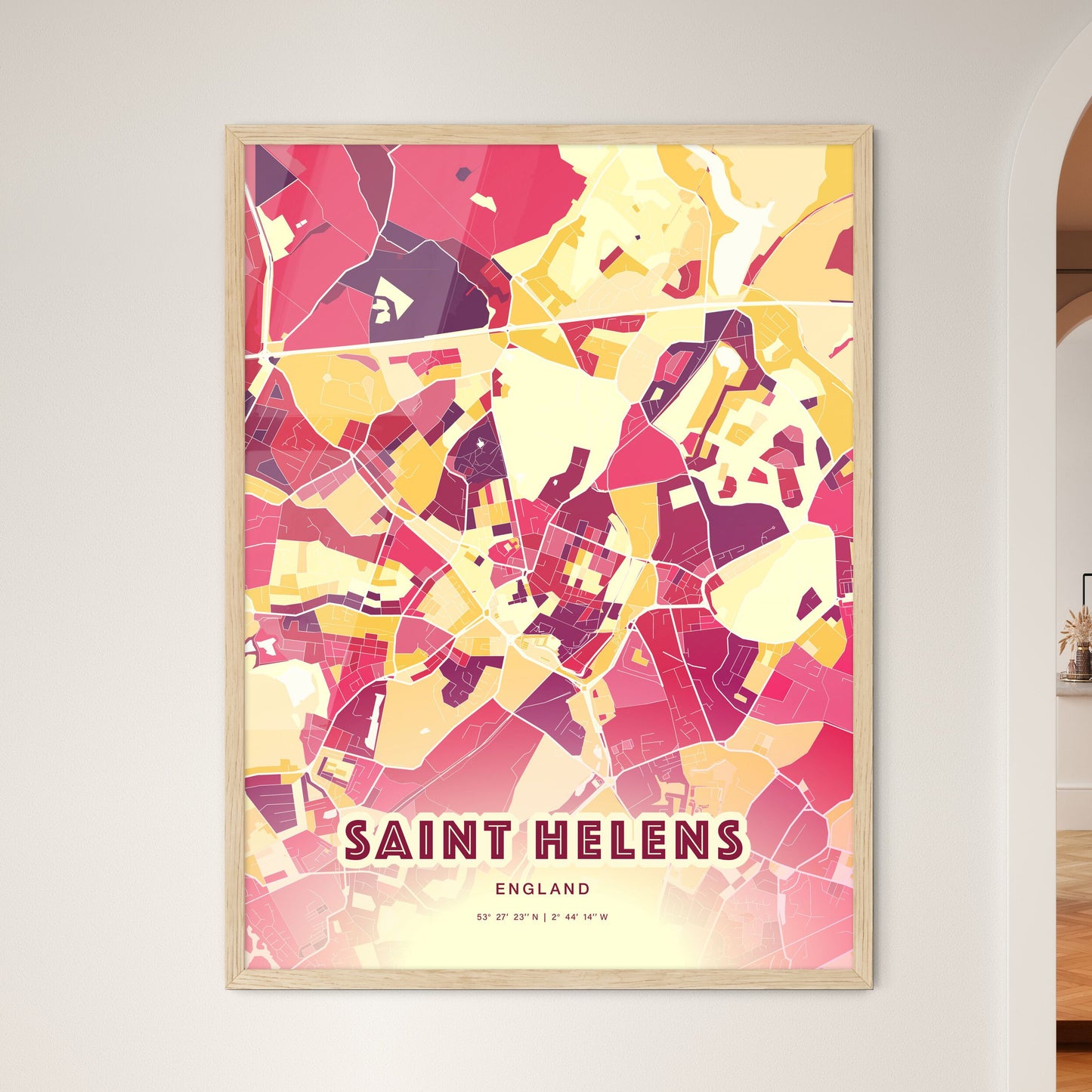 Colorful SAINT HELENS ENGLAND Fine Art Map Hot Red