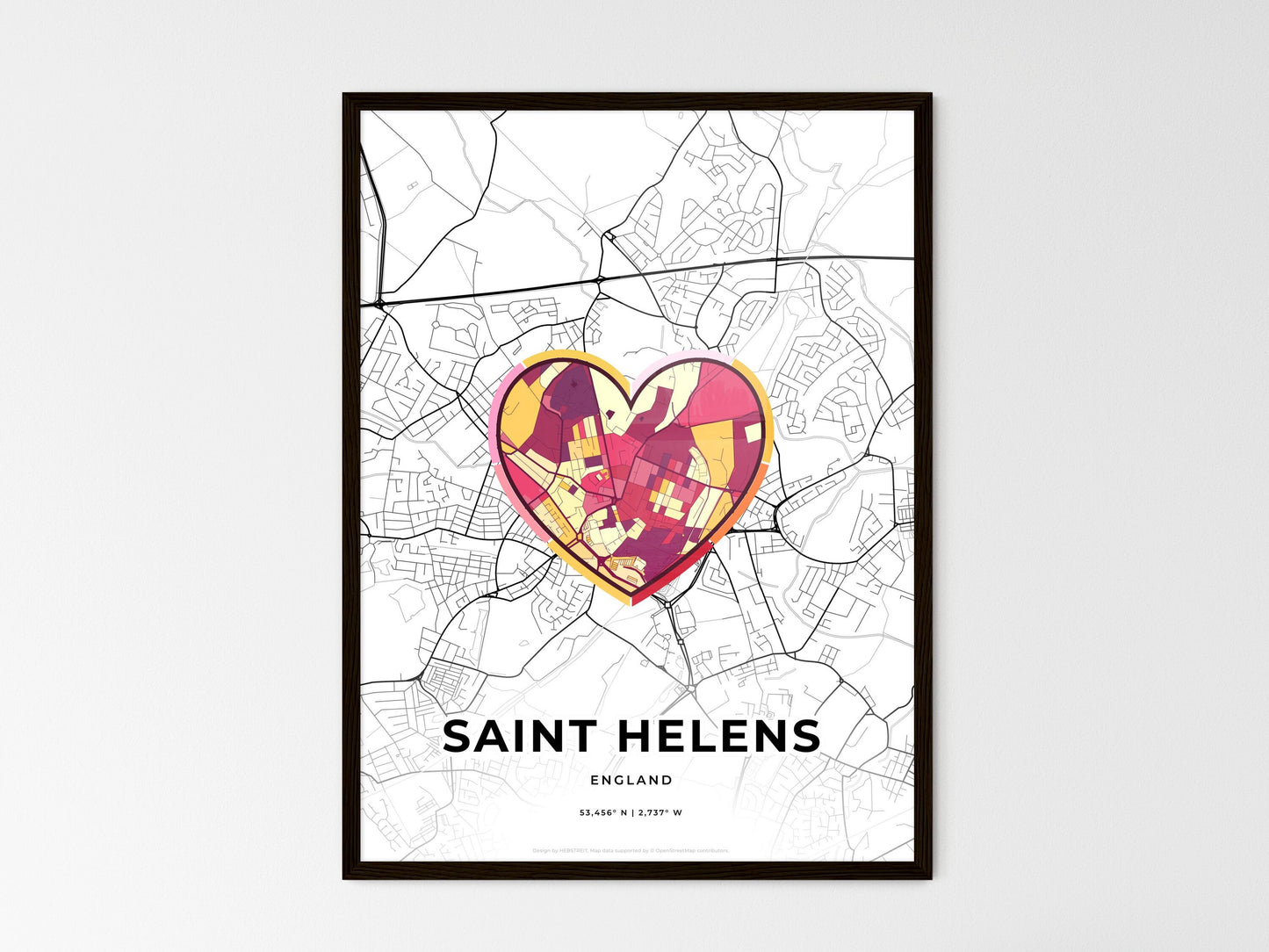 Saint Helens England wedding art map with heart icon