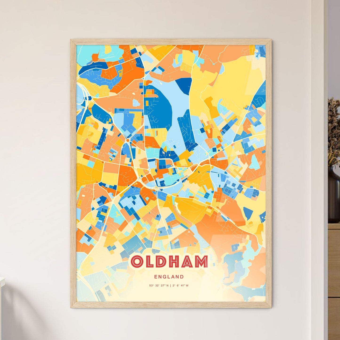 Colorful Oldham England Fine Art Map Blue Orange