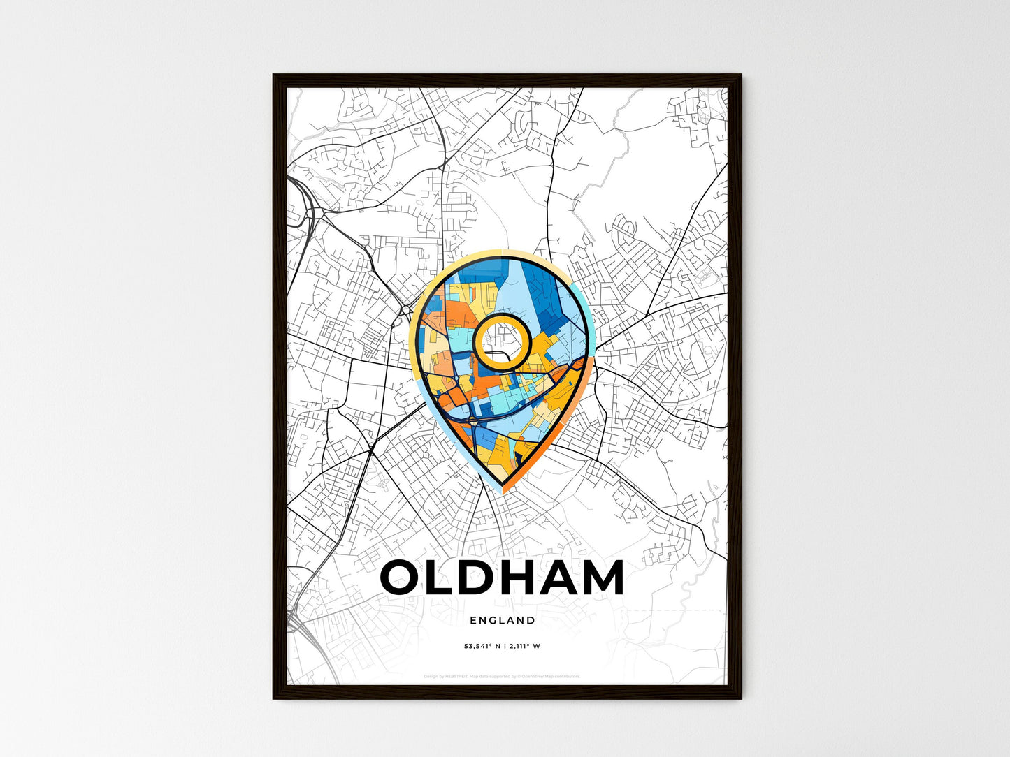 Oldham England wedding art map with pointer icon