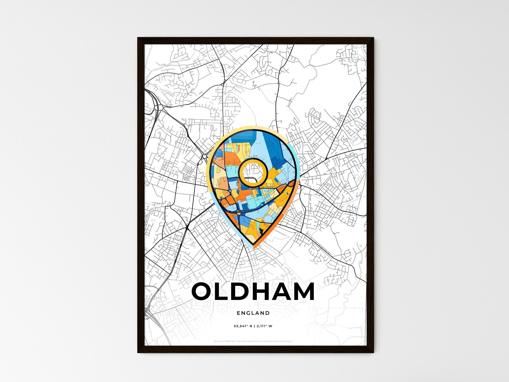 Oldham England wedding art map with pointer icon