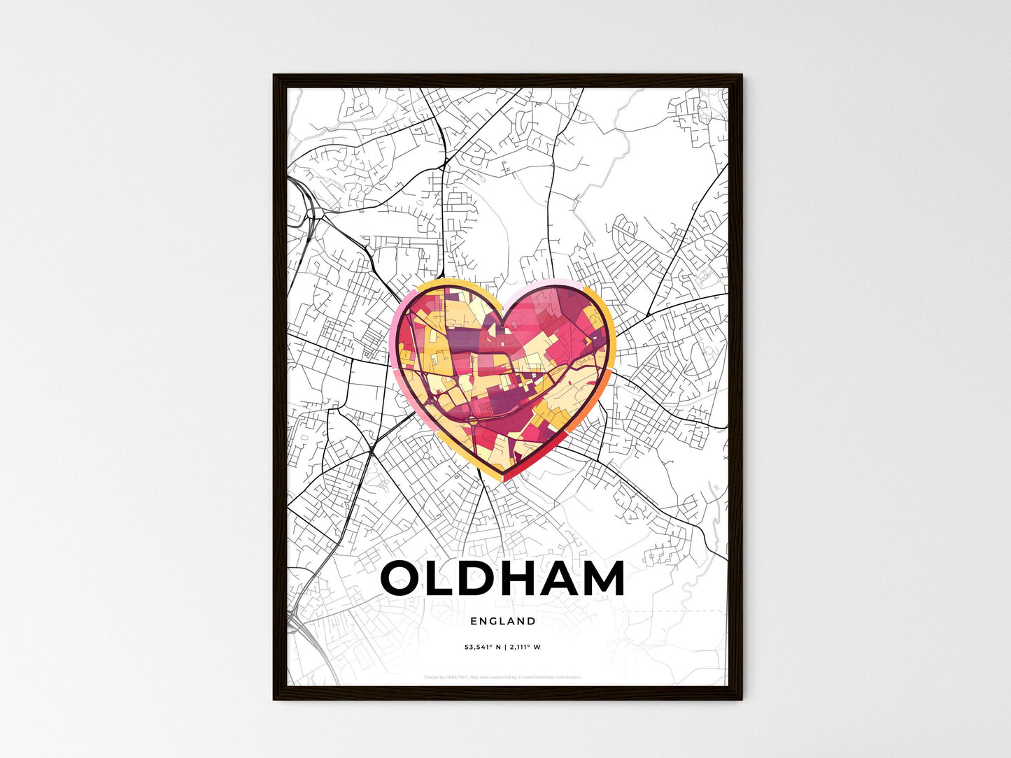 Oldham England wedding art map with heart icon