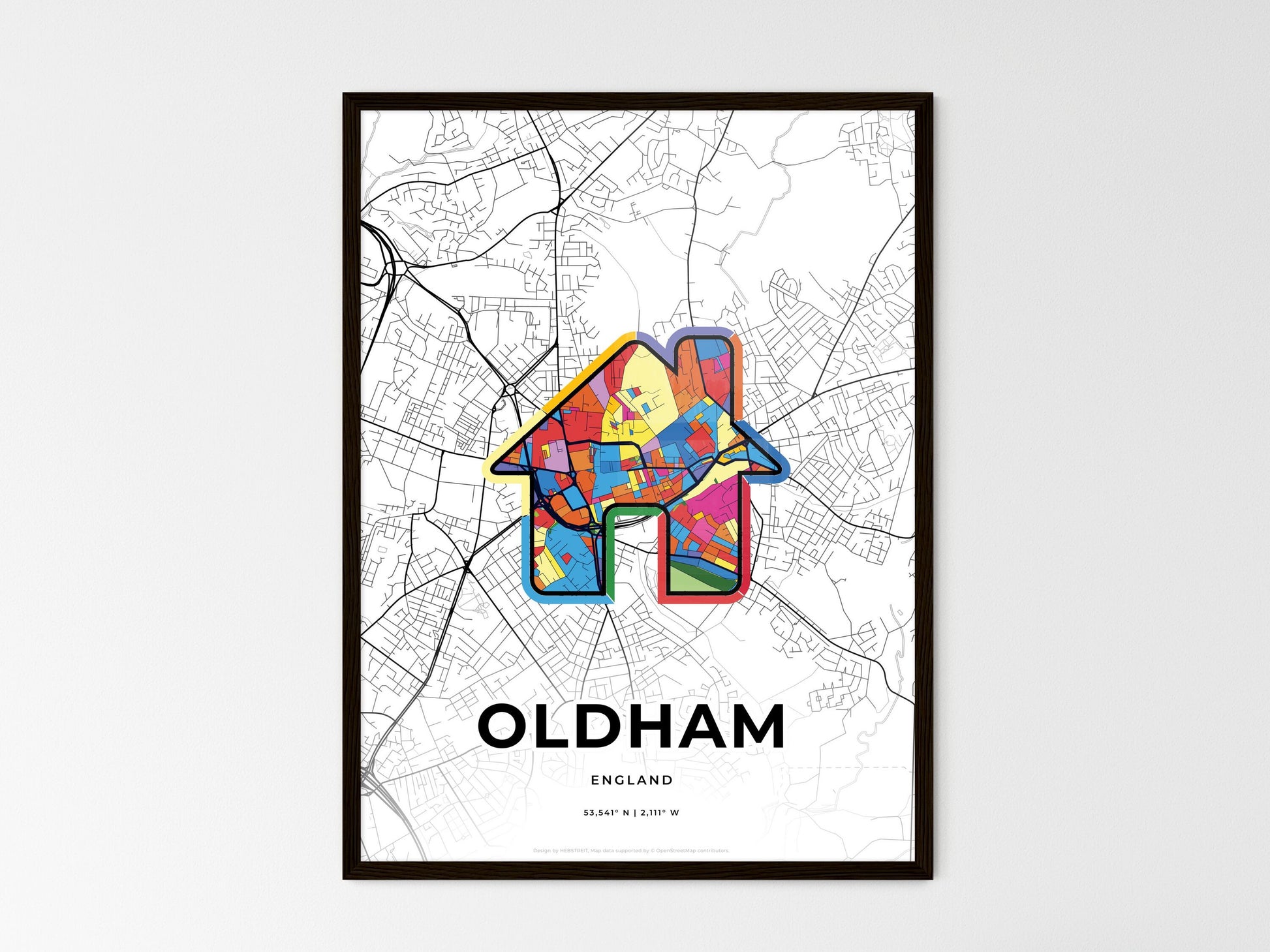 Oldham England wedding art map with home icon
