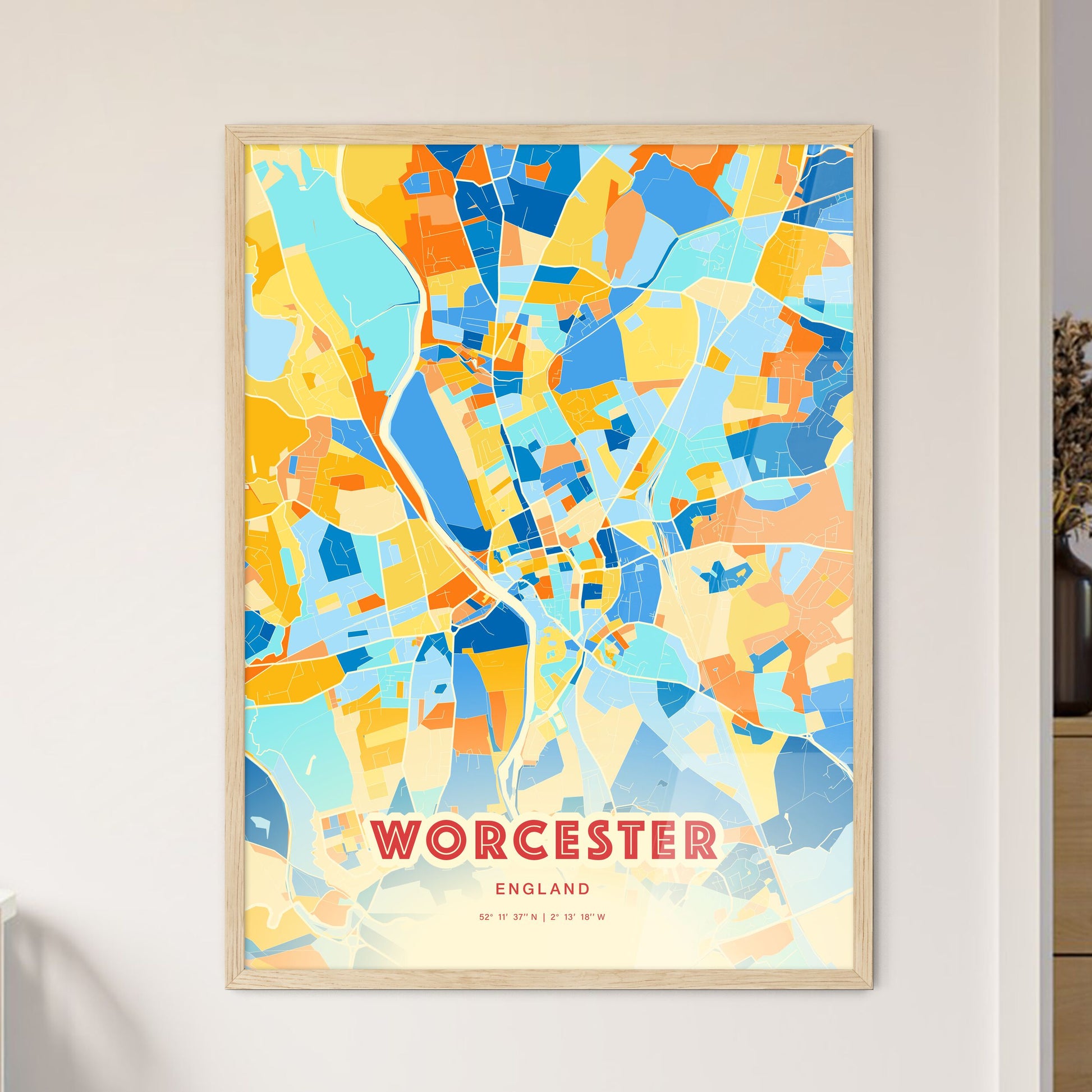 Colorful Worcester England Fine Art Map Blue Orange