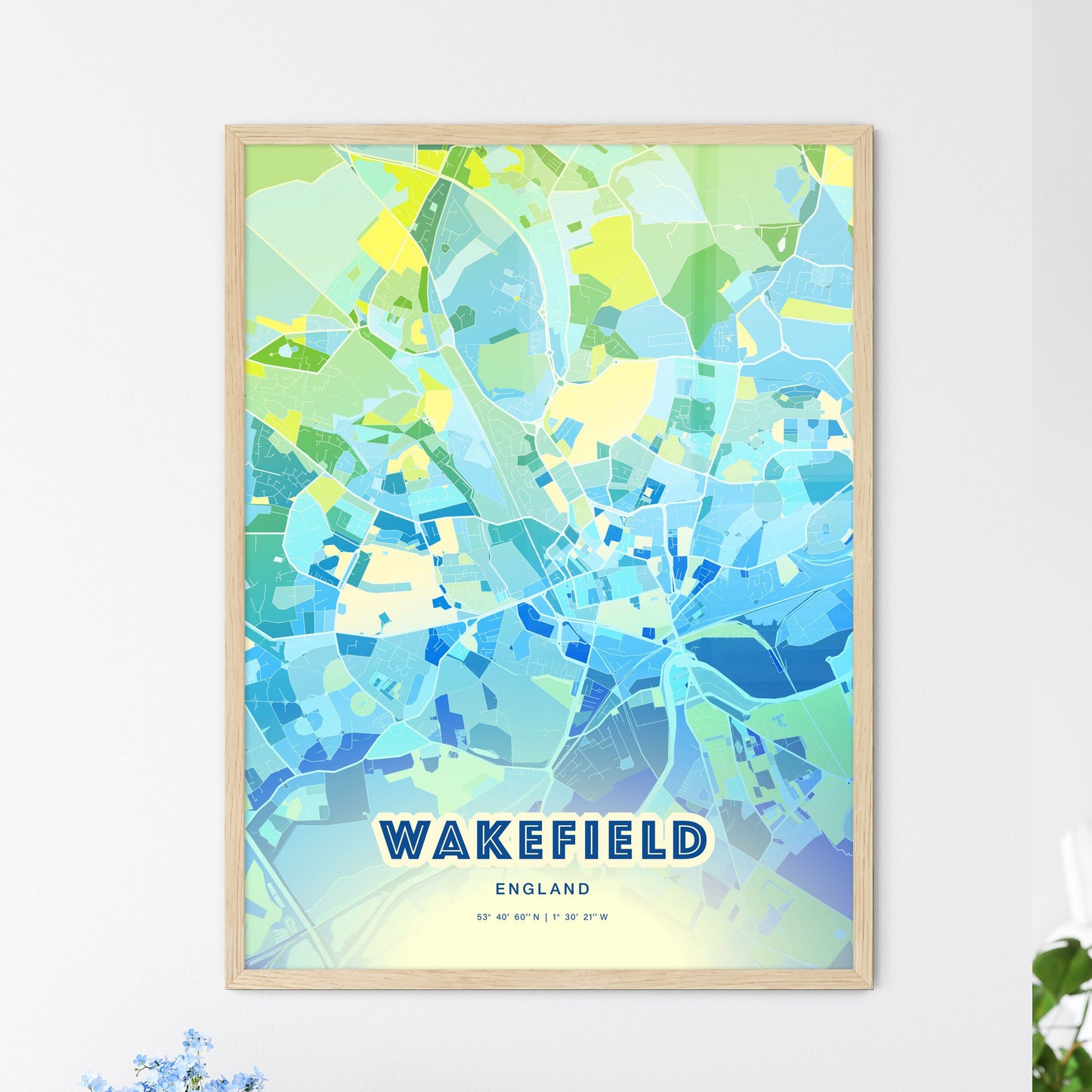 Colorful WAKEFIELD ENGLAND Fine Art Map Cool Blue